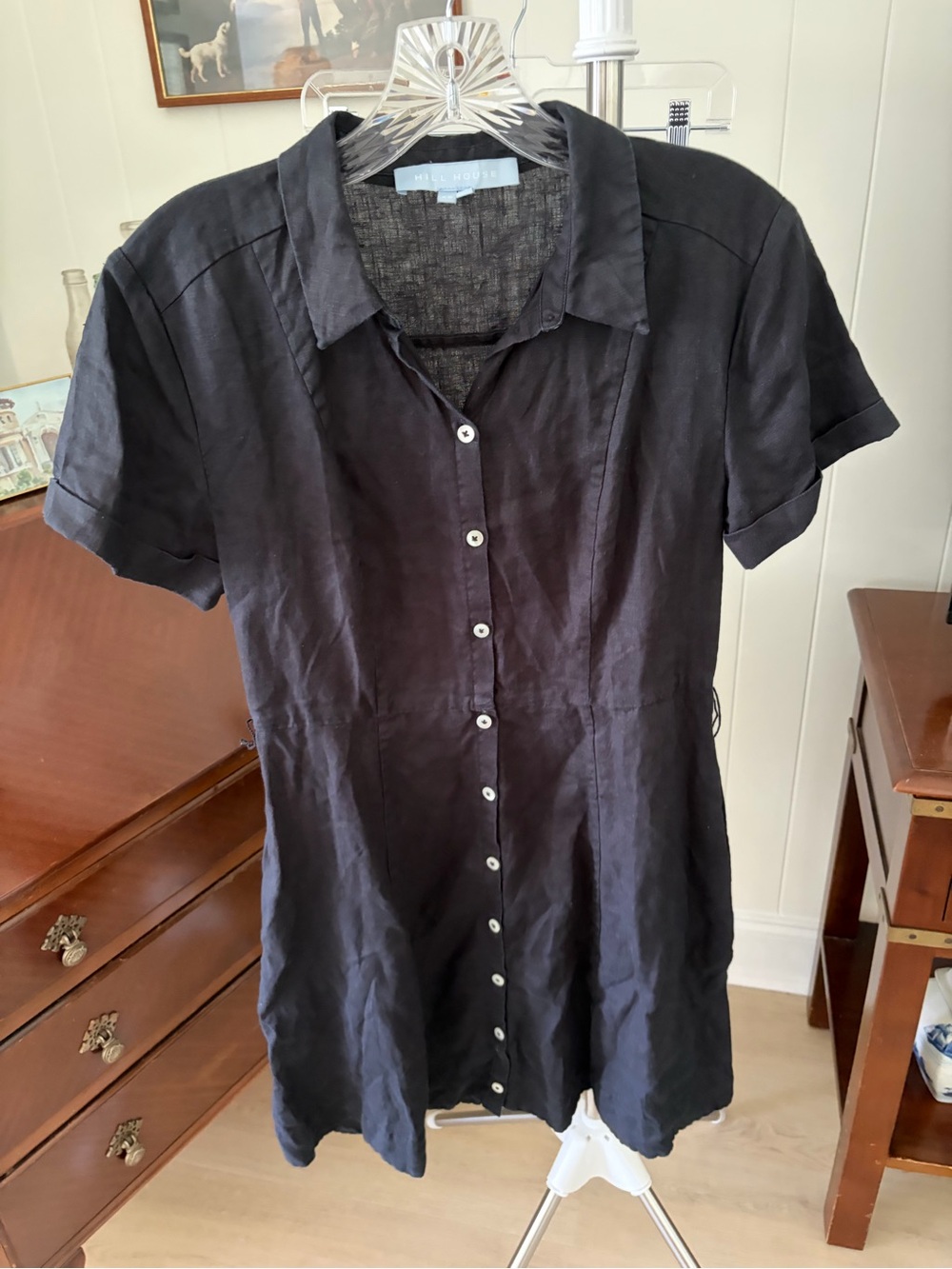 Hill House Home Black Linen Button-Front Short Sleeve Linen Dress